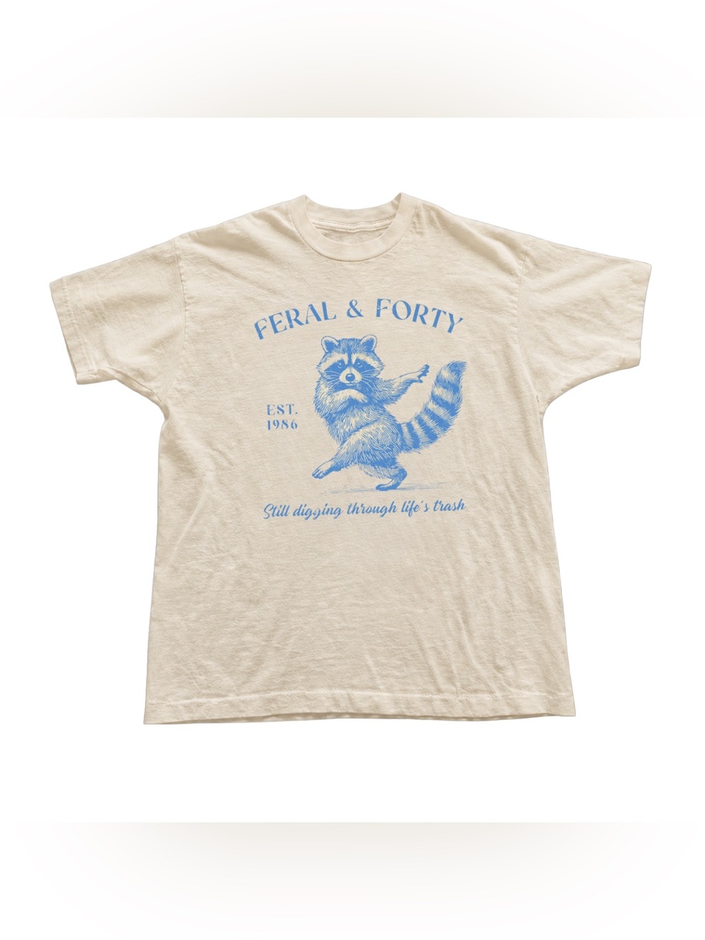Off White Tee with Blue Raccoon Graphic